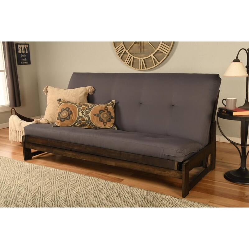 Aspen Futon Frame with Reclaim Mocha Finish and Twill Gray Mattress - Modern Rustic Convertible Sofa Bed