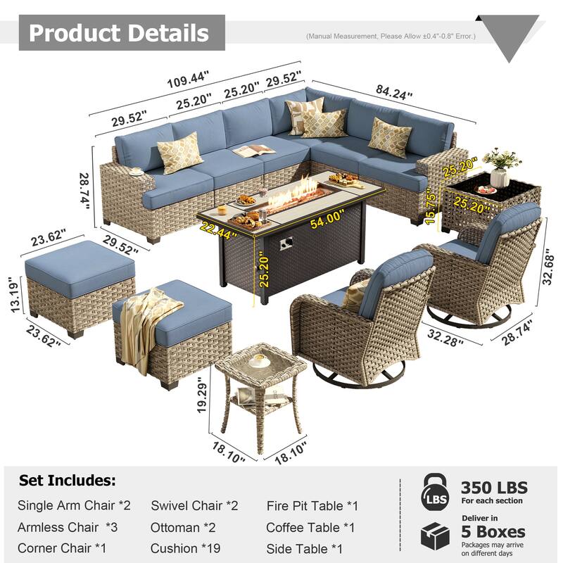 XIZZI 13-Piece Outdoor Wicker Sectional Swivel Chairs Set with Firepit Table
