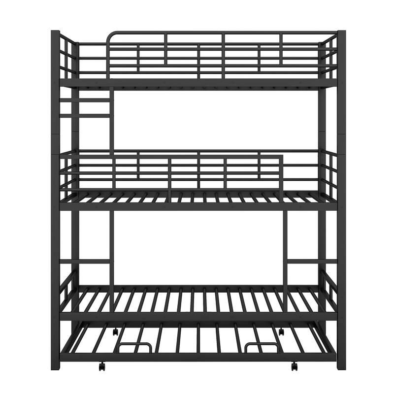 Twin Size Triple Bunk Bed with Trundle, Black, Heavy Duty Metal Construction