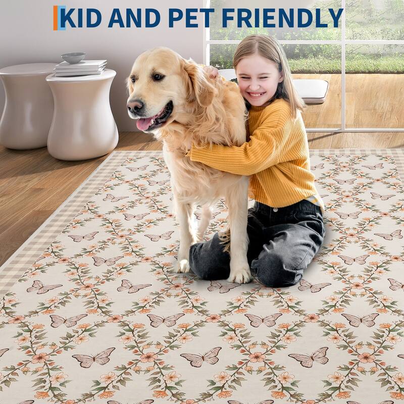 Butterfly Pattern Rugs for Living Room, Modern Floral Area Rug, Washable Border Plaid Non Slip Floor Carpet