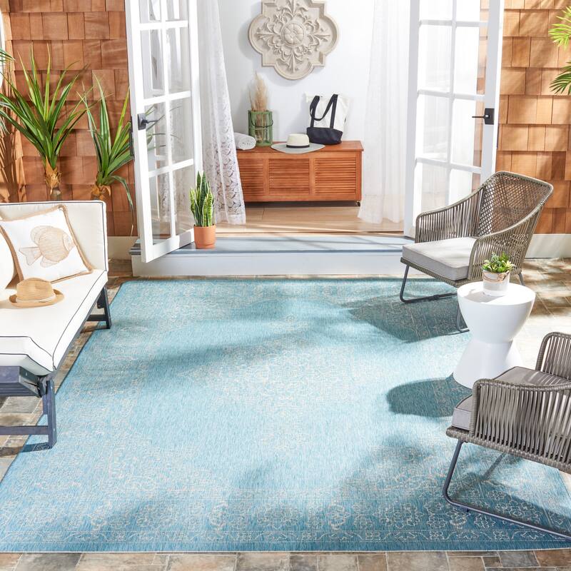 SAFAVIEH Courtyard Maralyn Indoor/ Outdoor Waterproof Patio Backyard Rug - 8' x 11' - Aqua/Grey