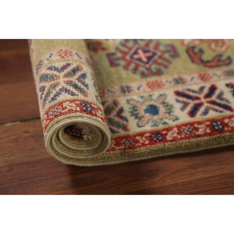 Pistachio Green Geometric Kazak Oriental Rug Hand-Knotted Wool Carpet - 2'1"x 2'10"