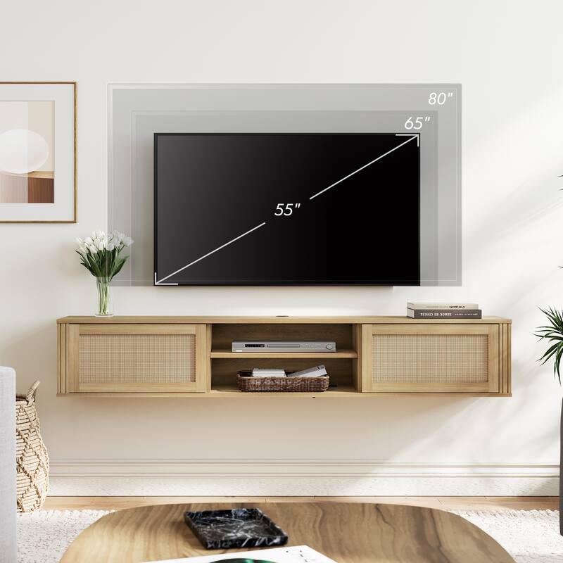 WAMPAT Floating TV Stand Shelf with Power Outlet and 2 Rattan Doors