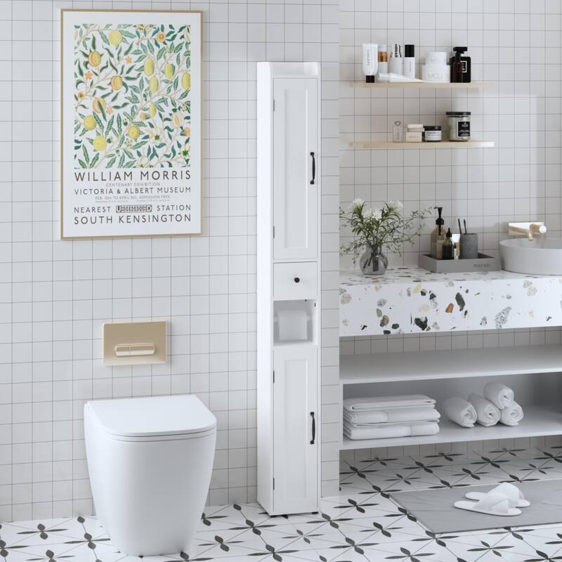 67.51" Tall Slim Storage Cabinet – 2 Doors, Adjustable Shelves, Anti-Tip, White (For Bathroom/Kitchen/Small Spaces)‌ - White