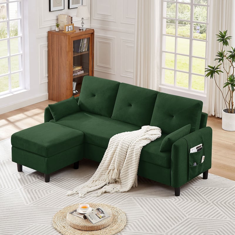 77.36" L Shaped Sectional Sofa with Side Storage Pocket and Reversible Ottoman