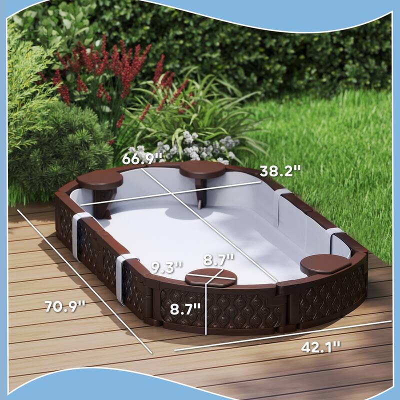 Dark Brown HDPE Outdoor Kids Sandbox with Seats and Weather Cover - 70.9" L x 42.1" W x 8.7" H