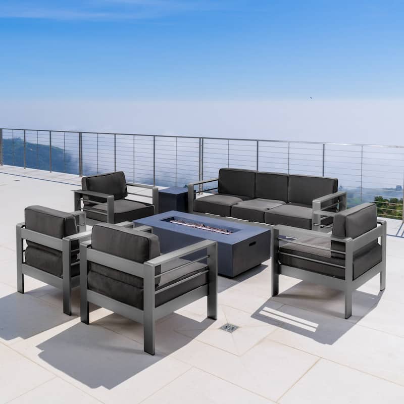 Cape Coral Aluminum 7-piece Sofa Chat Set with Fire Pit by Christopher Knight Home - Grey + Dark Grey + Dark Grey Fire Pit