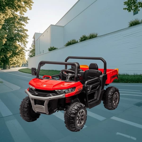 slide 2 of 60, Two-Seater 24V Battery Powered Ride-On Dump Truck Motors, Shovel, MP3, LED Lights, and Parental Control for Boys and Girls Red
