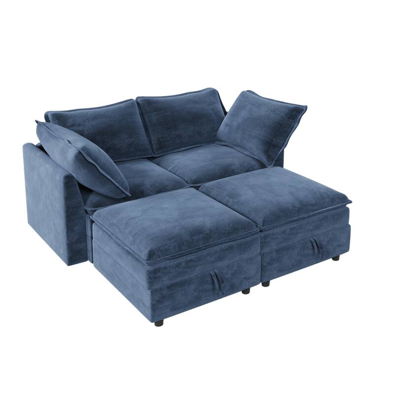 Modular Sleeper Sofa Bed with 2 Storage Ottomans and Pillows