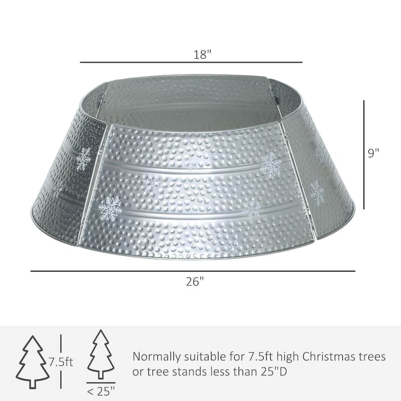 Bright Silver Christmas Tree Collar with Snowflake Engraving and Sturdy Metal Base Cover - 26" x 9" H