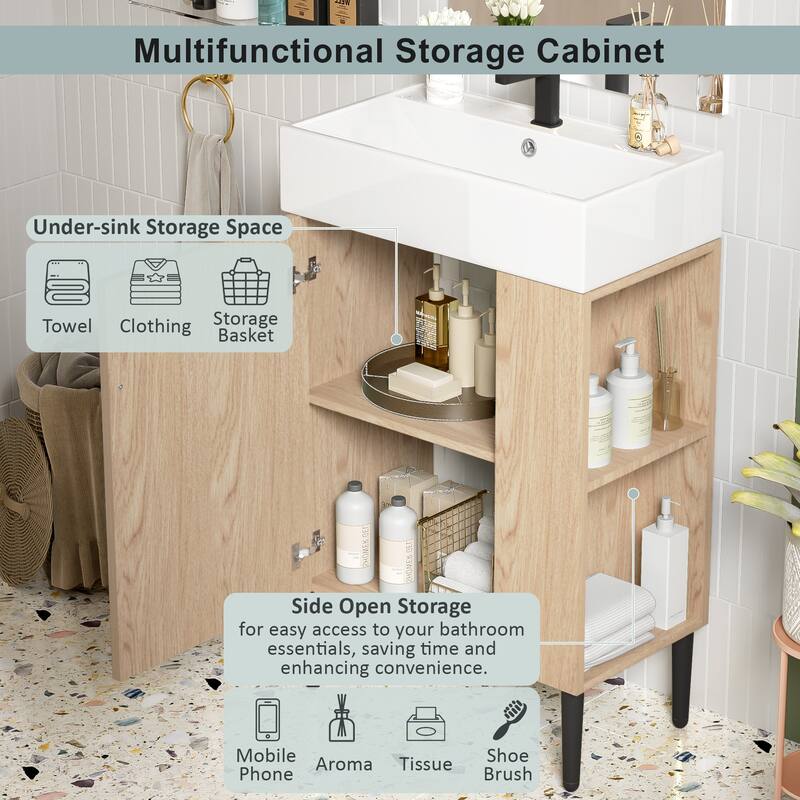 Wood Bathroom Vanity with Sink, Freestanding Single Basin Cabinet, Bathroom Cabinet with Textured Front & Side Storage Shelf