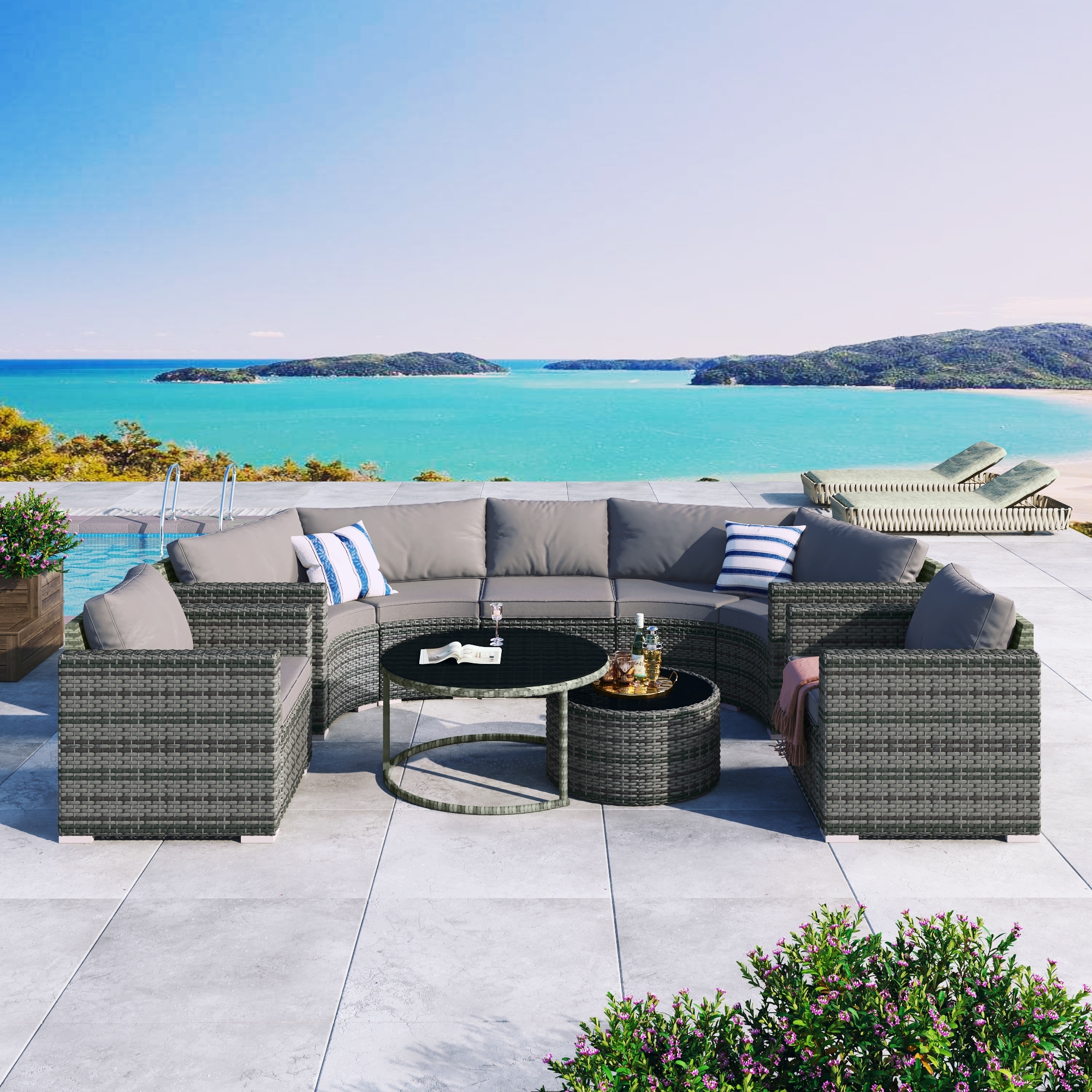 9-Pieces Patio Sofa Set Half-moon Conversation Sets with Inlaid Coffee Table Set, Round Sectional Couch Set Wicker Accent Chairs