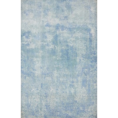 Hand Knotted Oriental Viscose Silk Carpet Modern All-Over Navy Blue & Blues Abstract Area Rug - 7' 5'' X 5' 4''
