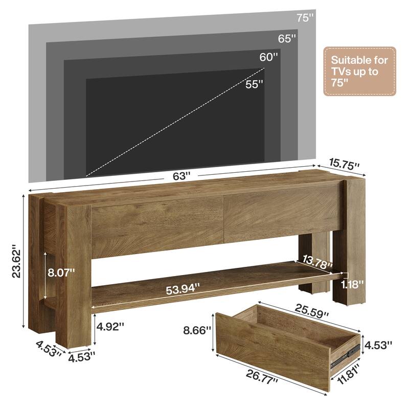 63" TV Stand for TVs up to 75-Inch, Farmhouse Entertainment Center with Drawers and Storage Shelves