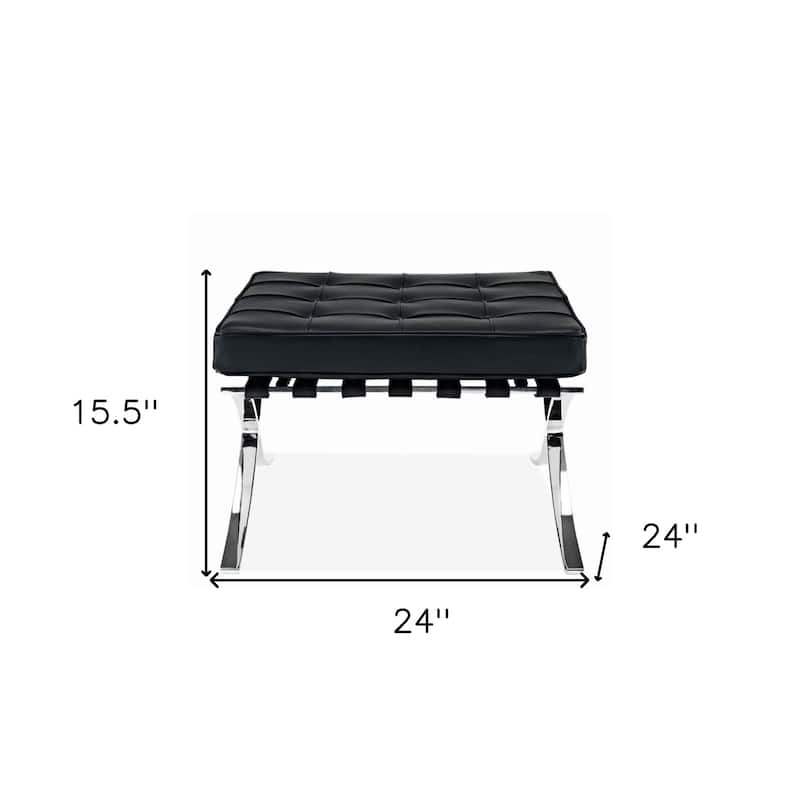 24-Inch Leather Footstool Ottoman with Silver Tufted Design and X Base
