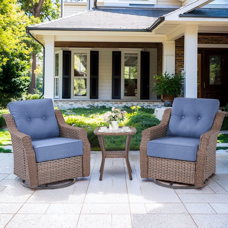 3 Pieces Swivel Chairs with Glass Side Table - Blue - Brown