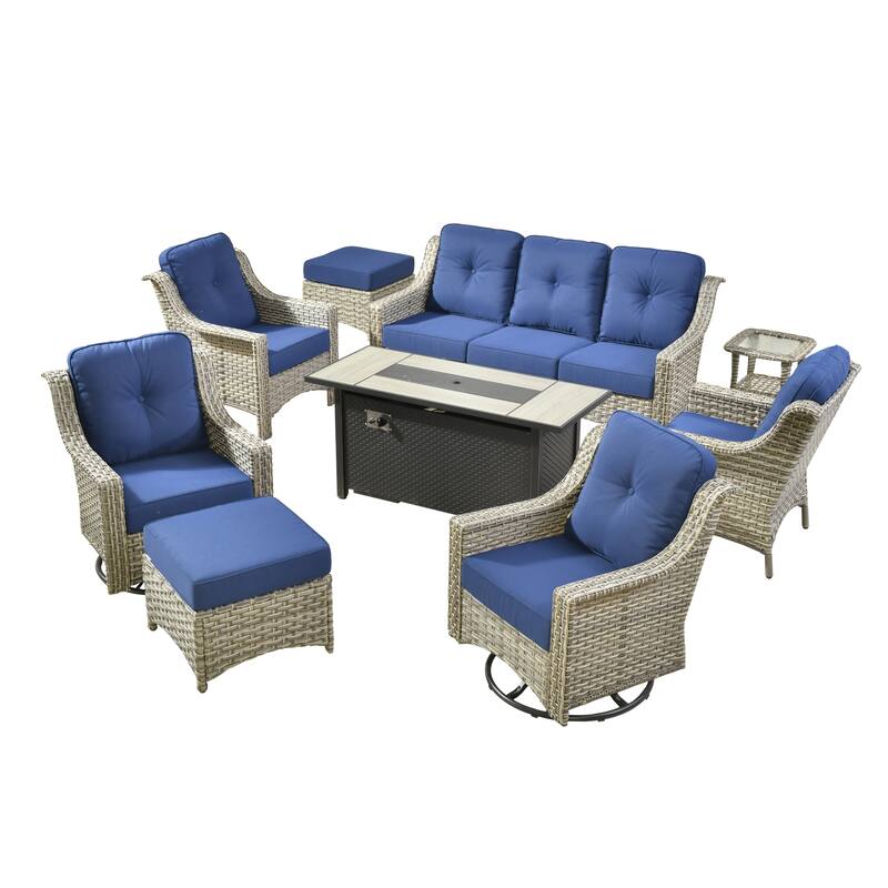 HOOOWOOO 9-piece Rattan Outdoor High Backrest Swivel Chair Set with 54"Fire Pit