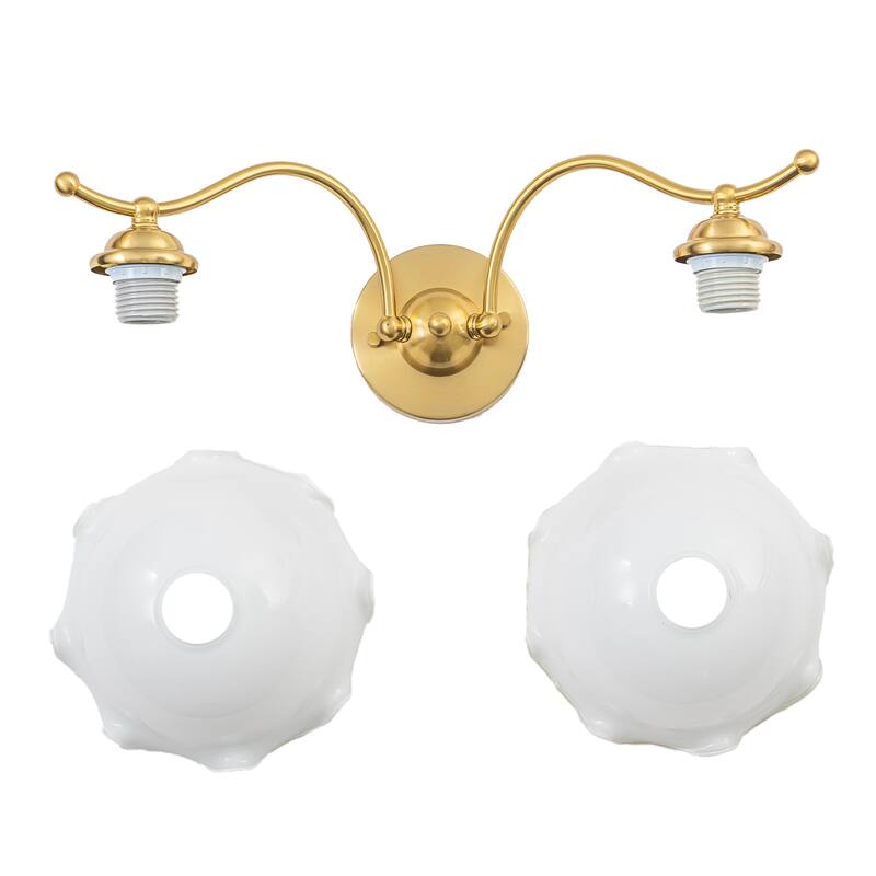 2-Light Gold Metal Wall Sconce with Flower Milky White Glass Shades