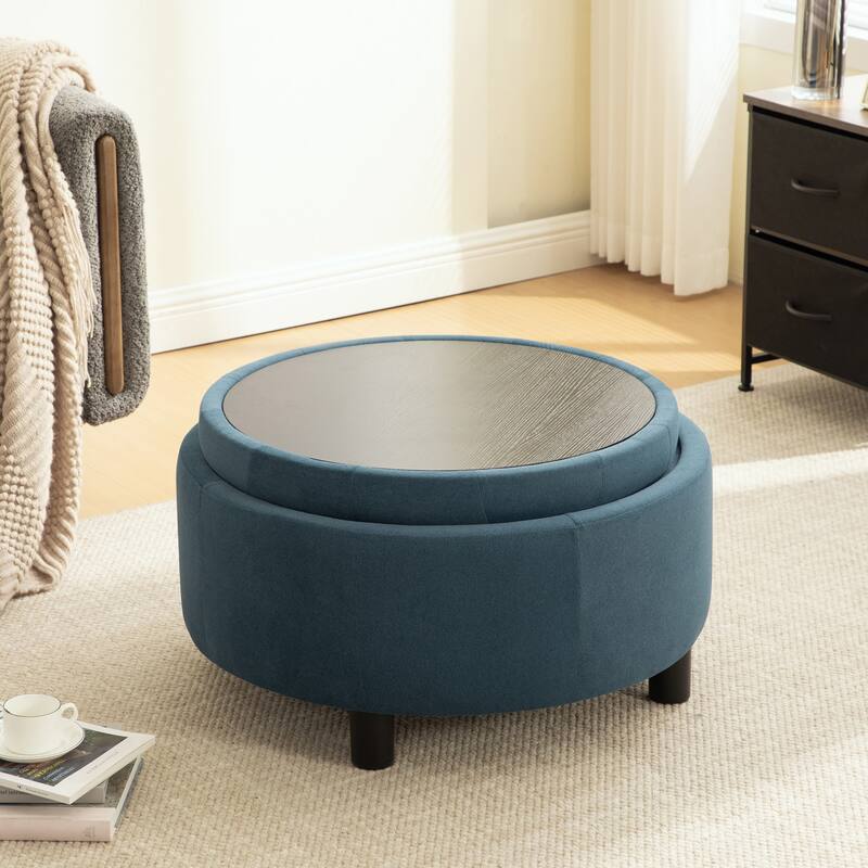 29.33"W Upholstered Round Ottoman With Reversible Lid,Fleece Fabric Storage Stool,Hand-pulled buckle decoration Design Footstool