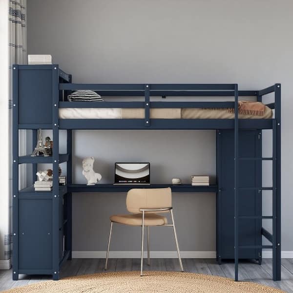 slide 2 of 11, Full Size Dark Blue Loft Bed with Wardrobe, L-Shaped Desk, Cabinet, Bookshelf, and Safety Rails Dark Blue