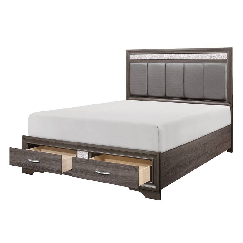 Gray and Silver Glitter Upholstered Queen Platform Bed with Footboard Drawers and Channel-Padded Headboard