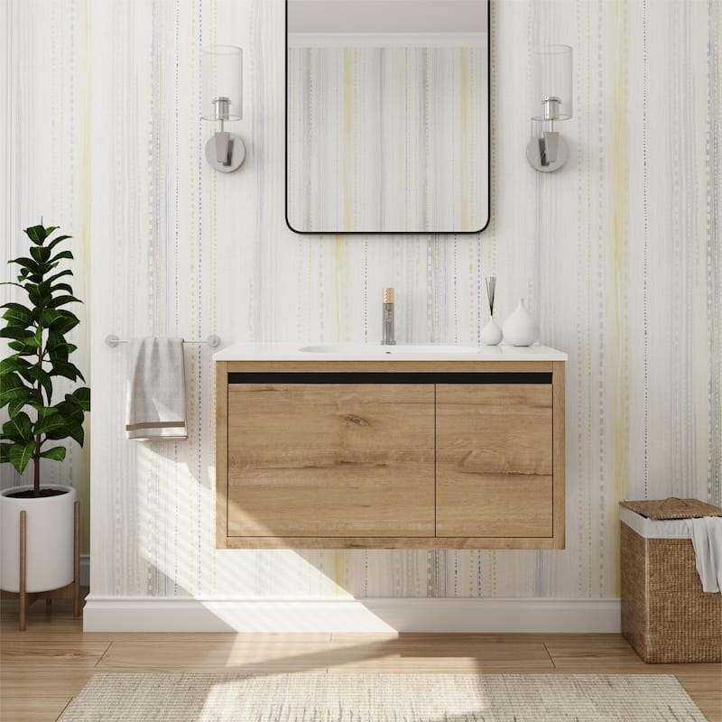 Bathroom Vanity With Sink In 36 Inch, Floating Bathroom Vanity With Soft Close Door - 35.6"W x 18.1"D x 19.4"H - Imitative Oak