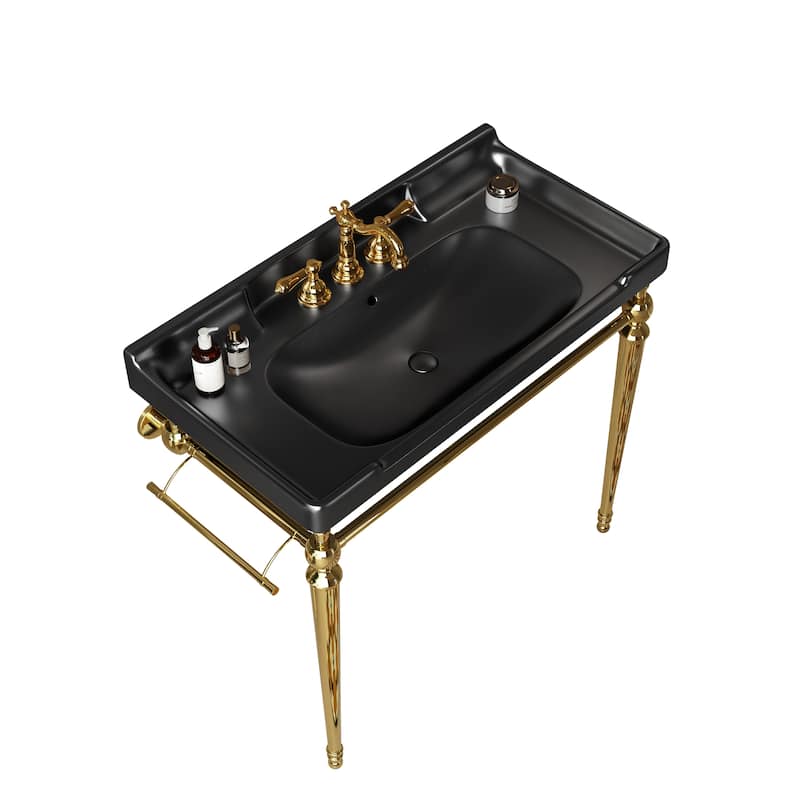36"Bathroom Console Sink,Wall-Mounted Ceramic Basin with 3 Pre-drilled Faucet Holes,Freestanding Support Legs with Towel Bar