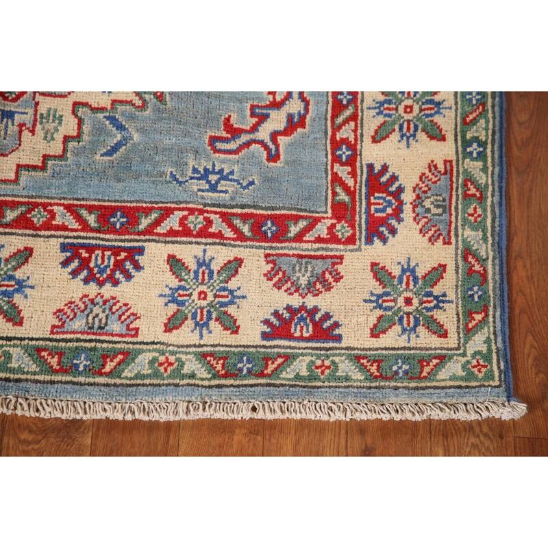 Light Blue Geometric Kazak Oriental Rug Hand-Knotted Wool Carpet - 3'4"x 4'10"