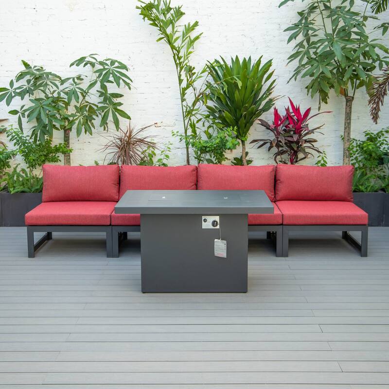 LeisureMod Chelsea 5-Piece Outdoor Patio Chairs and Fire Pit Table Set