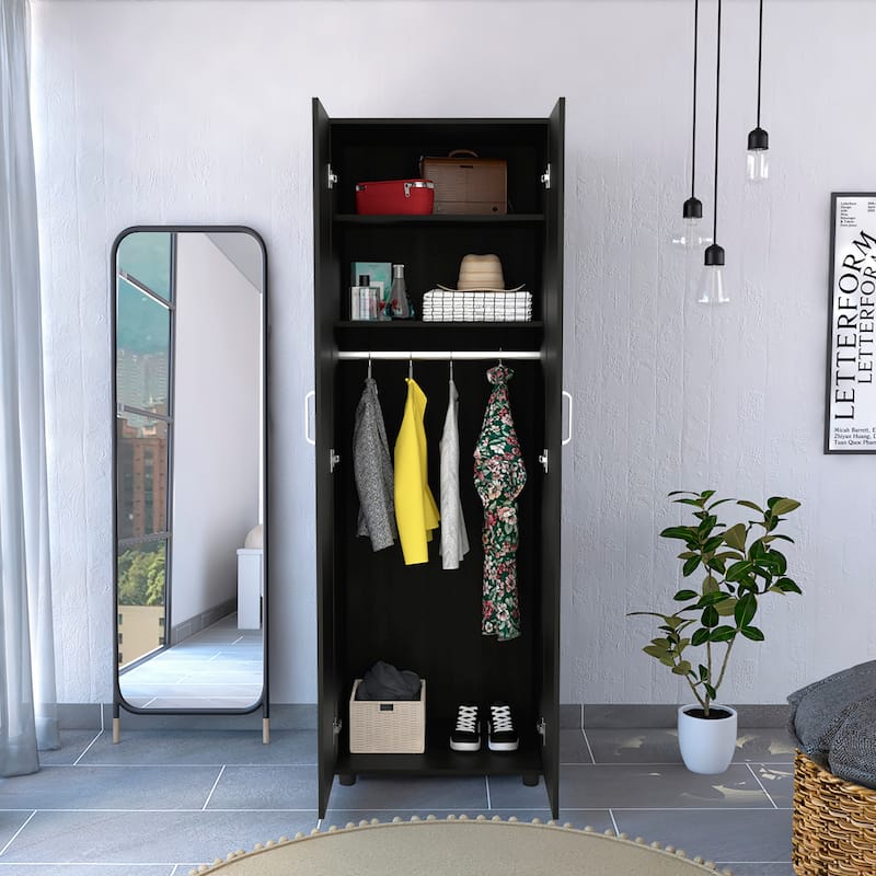 Armoire, Two Interior Shelves, Rod, Double Door -Black