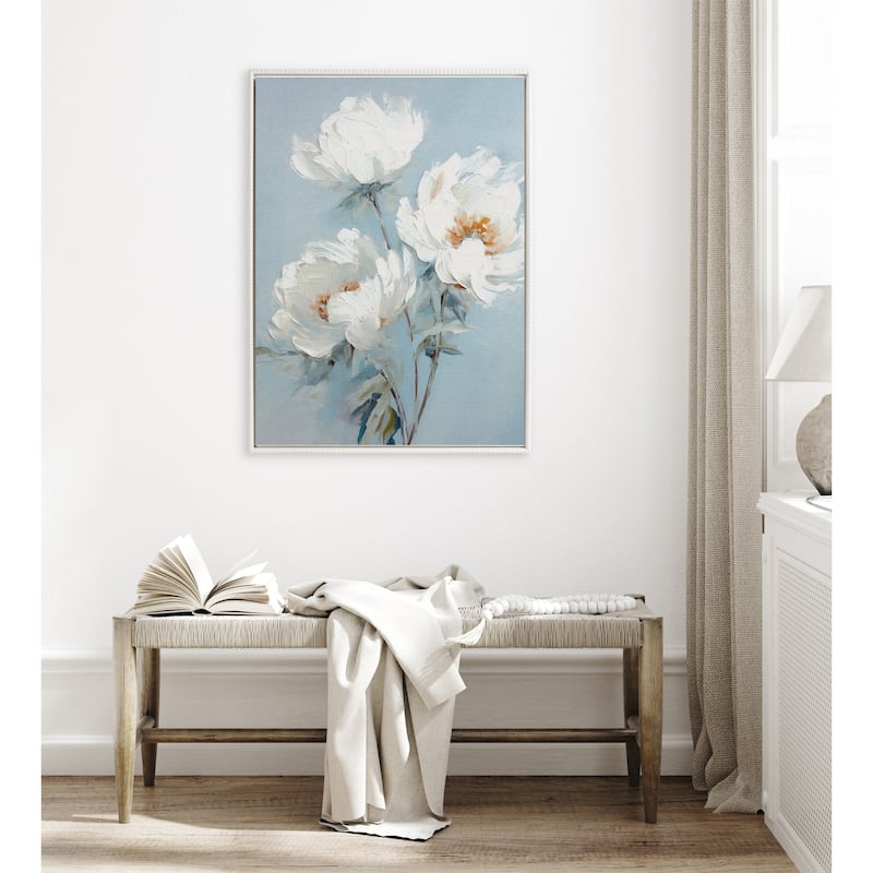 Sylvie Beaded White Peonies Framed Canvas by Creative Bunch Studio