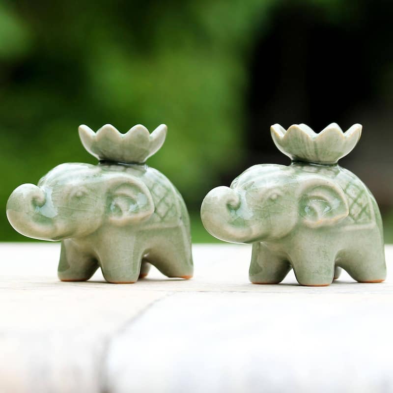 Novica Handmade Lotus Elephant Celadon Ceramic Incense Holders (Pair)