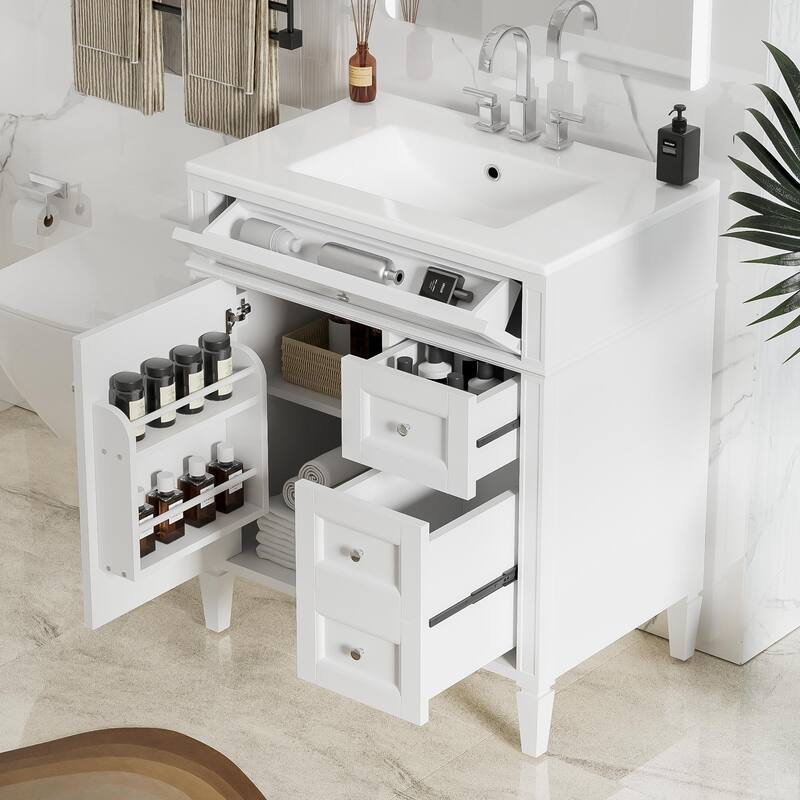 Single Sink Vanity for Bathroom Storage Cabinet with Tip-out Drawer, Small Drawer, Large Drawer, Door Rack and Adjustable Shelf
