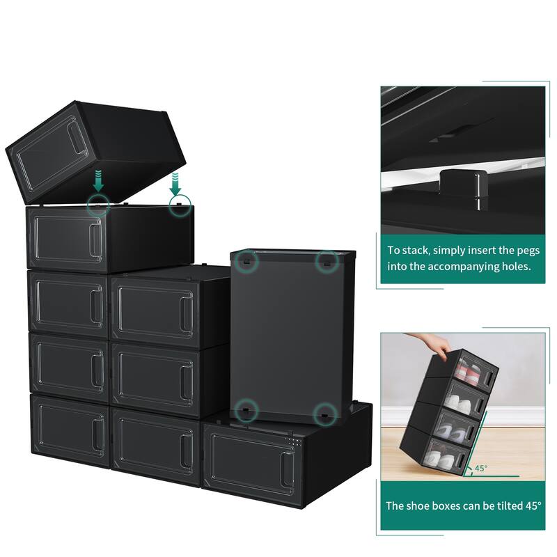 6/12/18 Pack Shoe Storage Box Plastic Stackable Shoe Organizer for Closet Foldable Sneaker Containers Bins Holders Racks