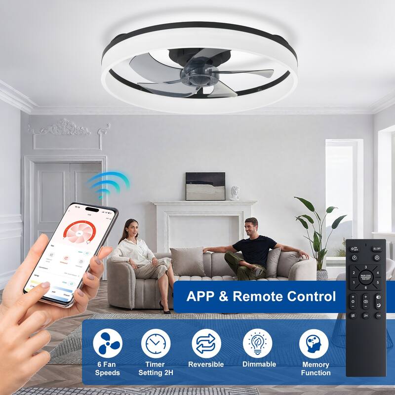 Ceiling Fan with Light: Low Profile, App Remote Control, 6-Speed, 3 CCT, Quiet DC Motor, Dimmable LED, 20" /16"