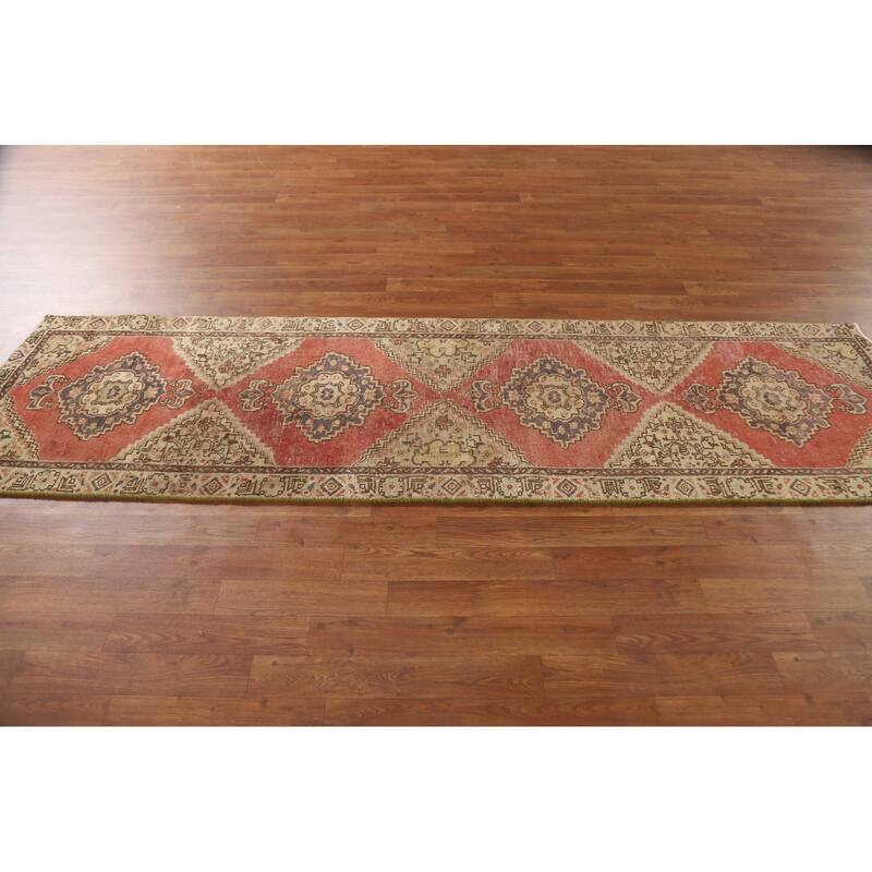 Geometric Tabriz Persian Vintage Runner Rug Handmade Wool Carpet - 2'4"x 8'6"