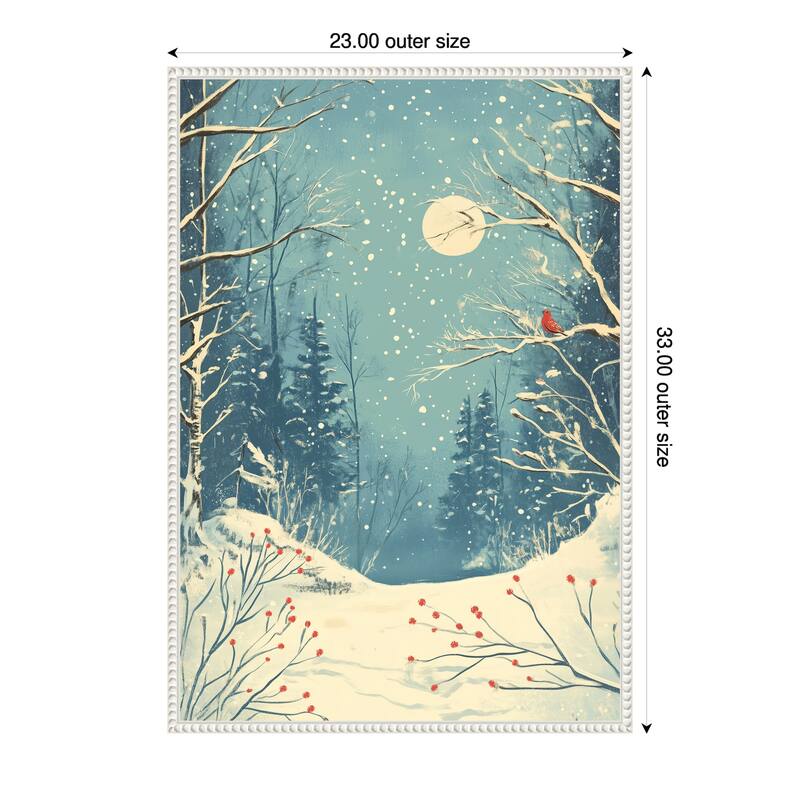 Red Bird in Snowy Forest by Pictufy Studio Framed Canvas Wall Art Print - Sylvie Beaded White - 23 x 33 in