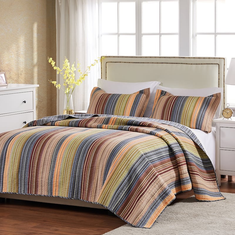 Greenland Home Fashions Katy 100% Cotton Reversible Stripes Quilt Set