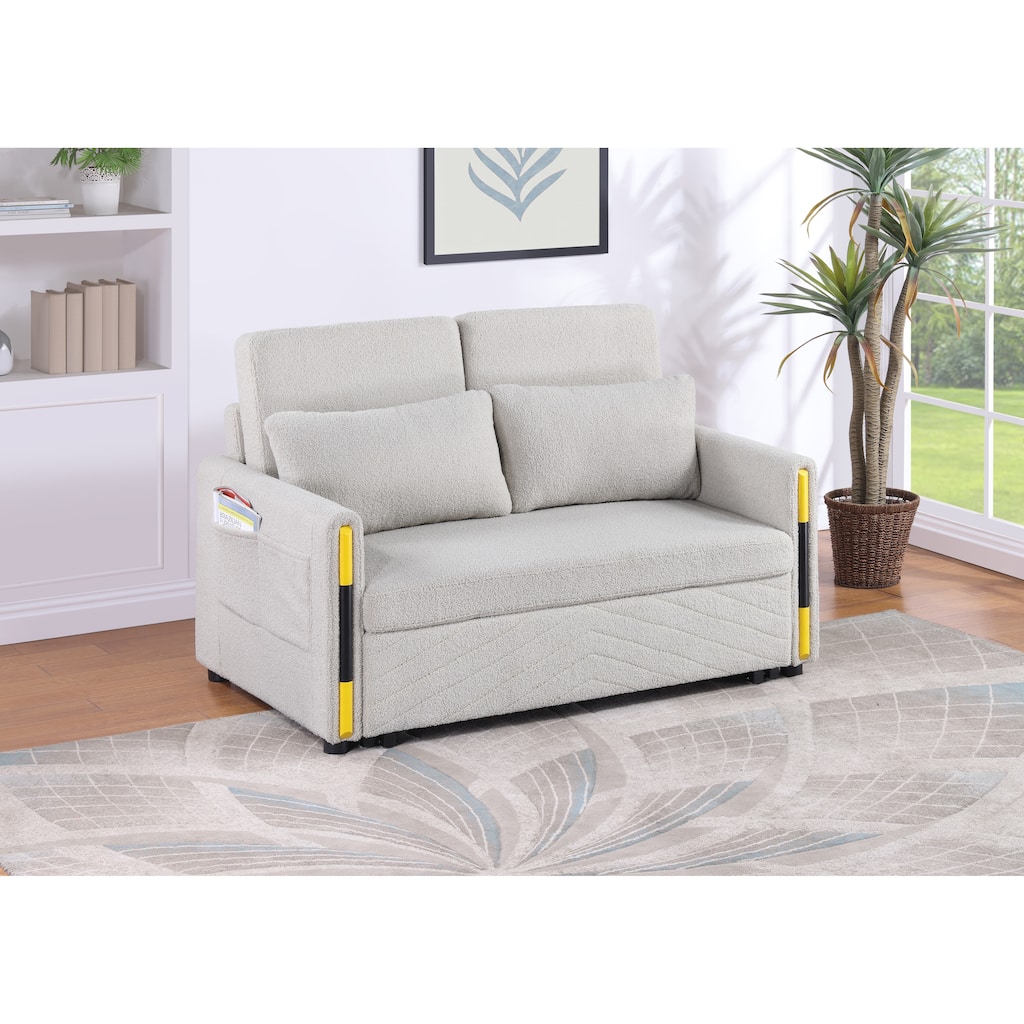 55.5"W Beige Teddy Velvet Sleeper Loveseat With Dual-Pull Sleeper Design