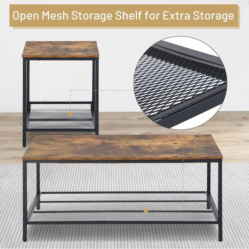 FurnitureR Industrial 3-Piece Coffee Table Set with 2 End Tables, Metal Frame Living Room Table Set