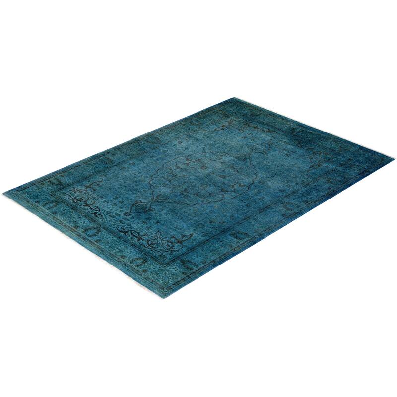 Overton Hand Knotted Wool Vintage Inspired Modern Contemporary Overdyed Blue Area Rug - 4' 2" x 6' 1"