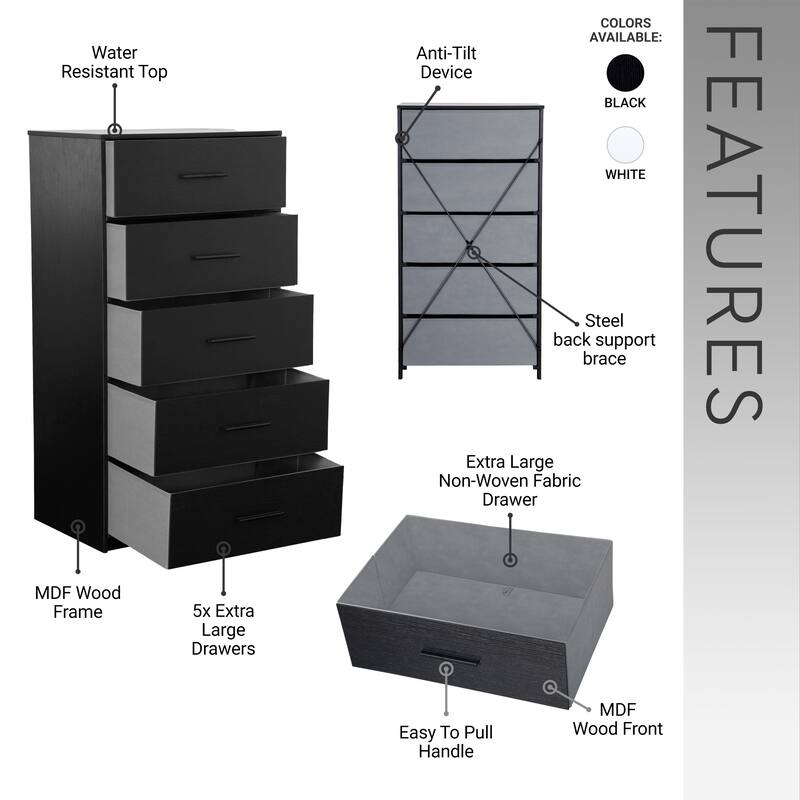 Modern Minimalist 5-Drawer Dresser with Large Fabric Drawers - Black