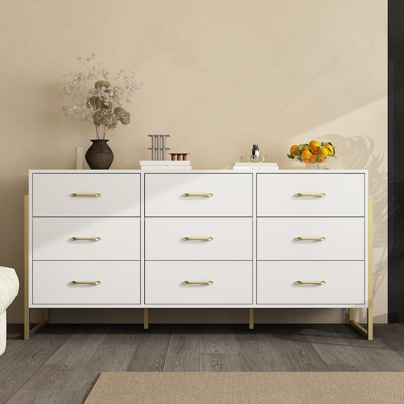 61.4” White 9-Drawer Dresser with Gold Metal Frame, Modern Storage Cabinet for Bedroom, Living Room or Entryway