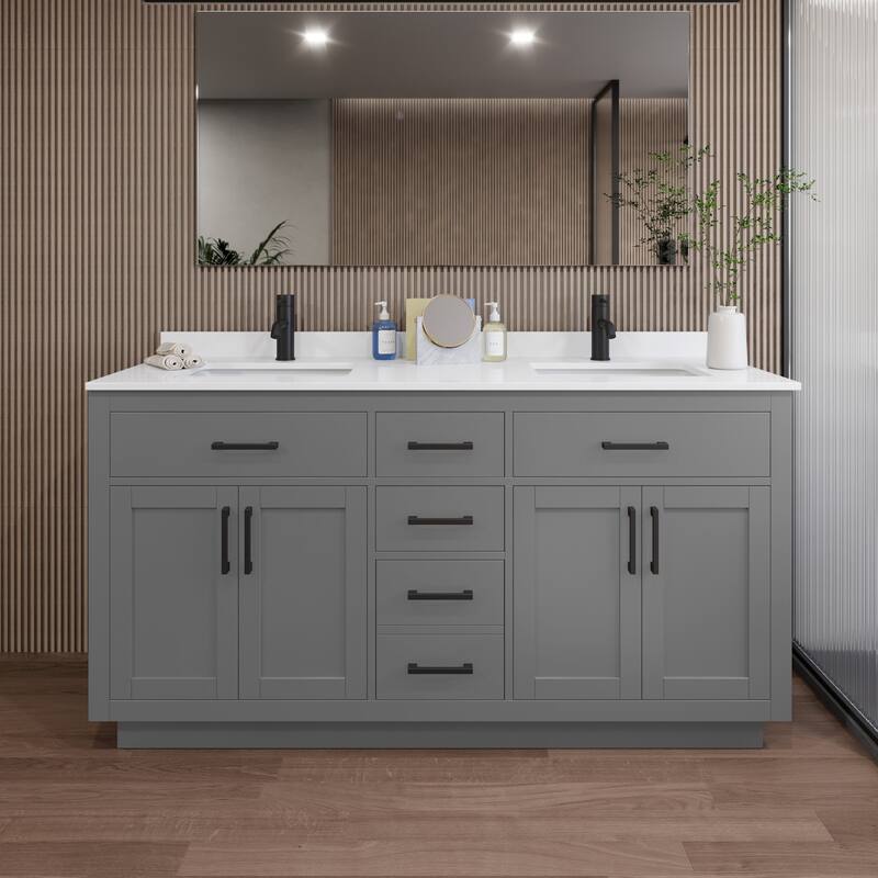 Wyndham Collection WCG262666D-QTZ-UNSMXX Beckett TK 66" Free Standing - Dark Gray / White Quartz Top / Matte Black
