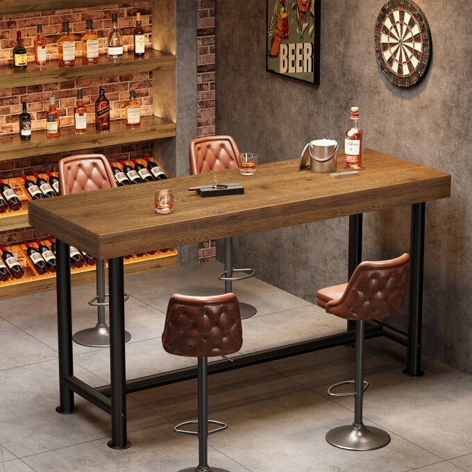 63-Inch Solid Wood Bar Height Dining Pub Table with Metal Frame