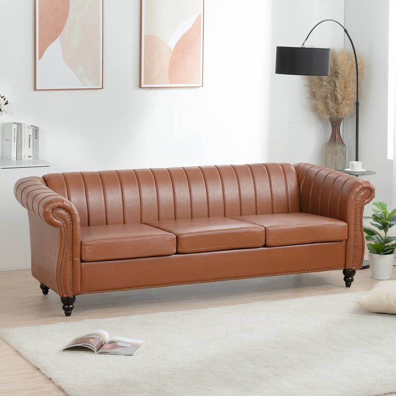 Chesterfield Sofa 83.46" with PU Leather, Quilted Backrest, Birch Legs