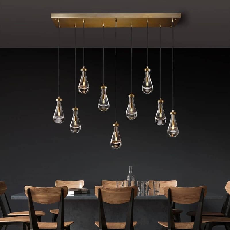 KAYLA Raindrop Chandelier, Modern Glass Pendant Light, Bulb Included - 9 - Brass