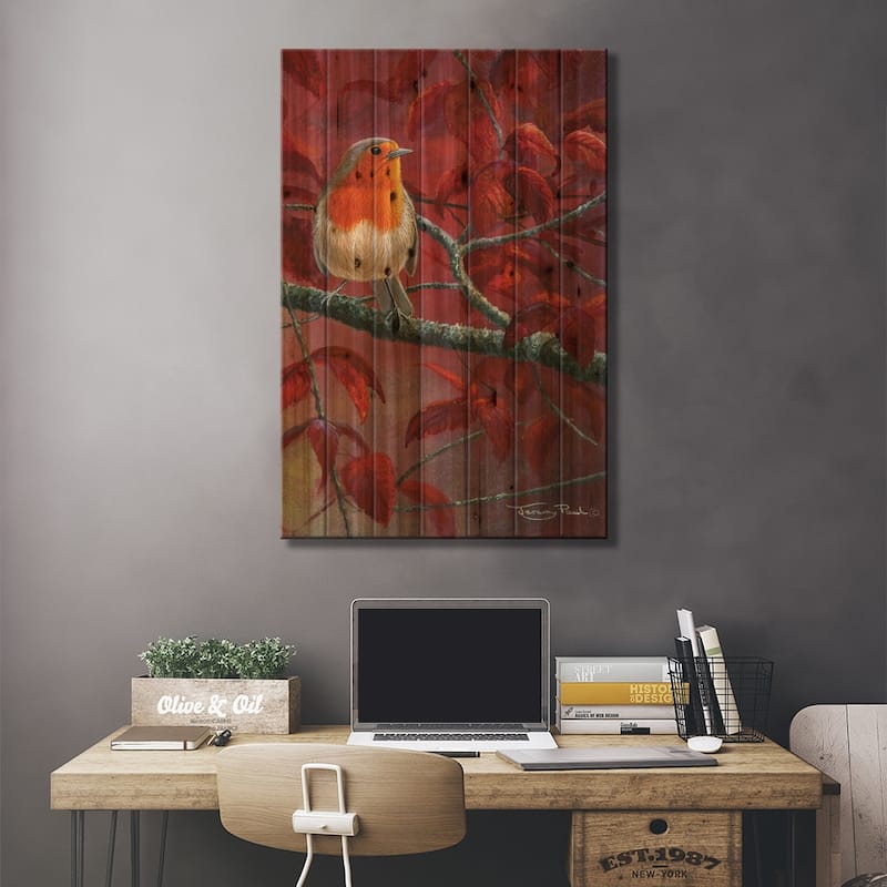 Red Leaves - Robin Print On Wood by Jeremy Paul - Multi-Color