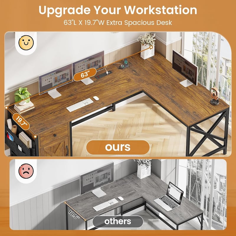 63" L Shaped Desk Corner Office Desk with Drawer Computer Desk