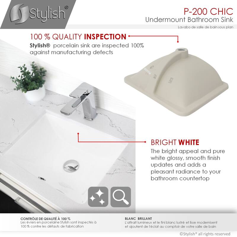 STYLISH Porcelain Rectangular 20 3/4-inches Undermount Ceramic Bathroom Sink with Overflow